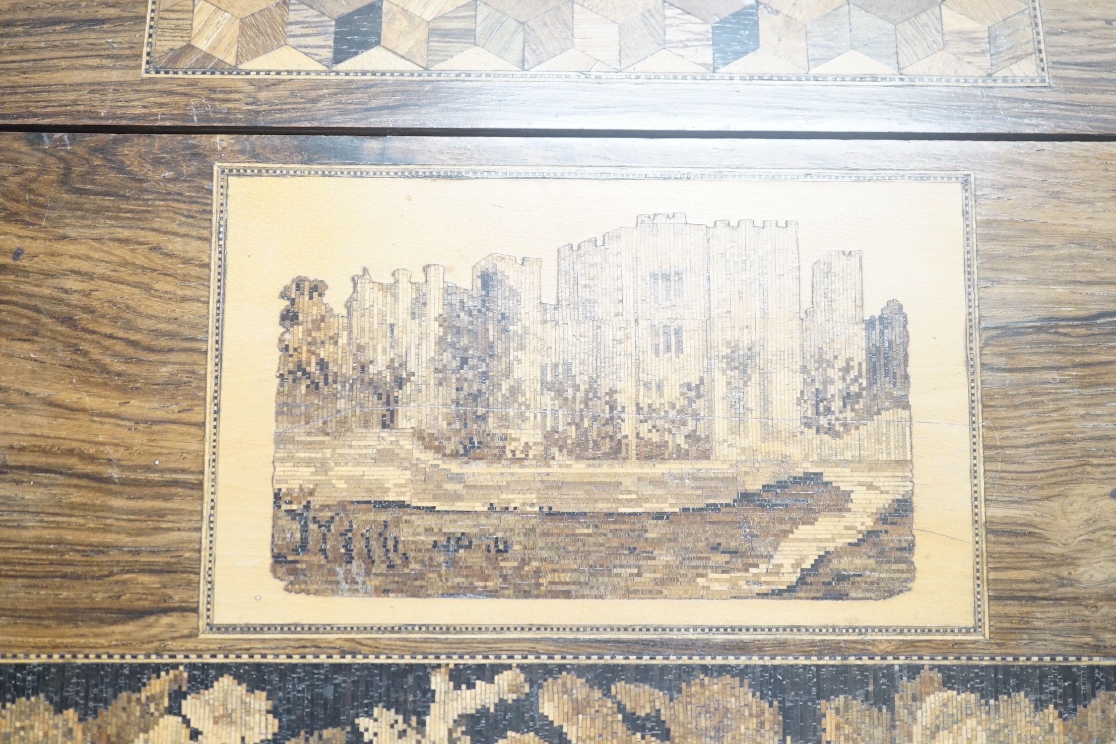 A Victorian Tunbridge ware rosewood writing slope, decorated with a tesserae mosaic view of Hever Castle, 39cm wide, with mosaic inlaid interior and covers to the glass inkwells.